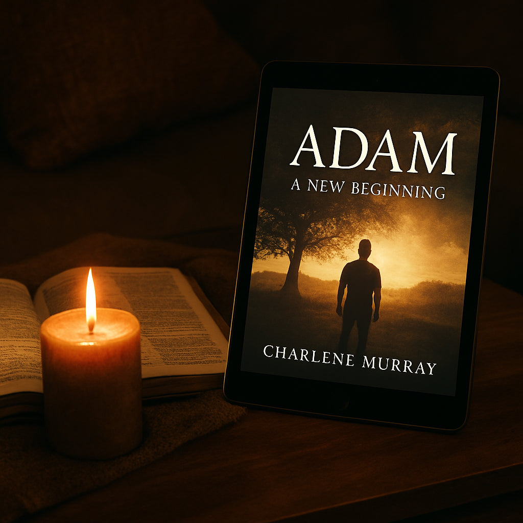 A cozy reading nook with a Bible, a candle, and a copy of the "Adam – A New Beginning" e‑book on a tablet. Alt: Christian self help book Adam reading nook for spiritual renewal