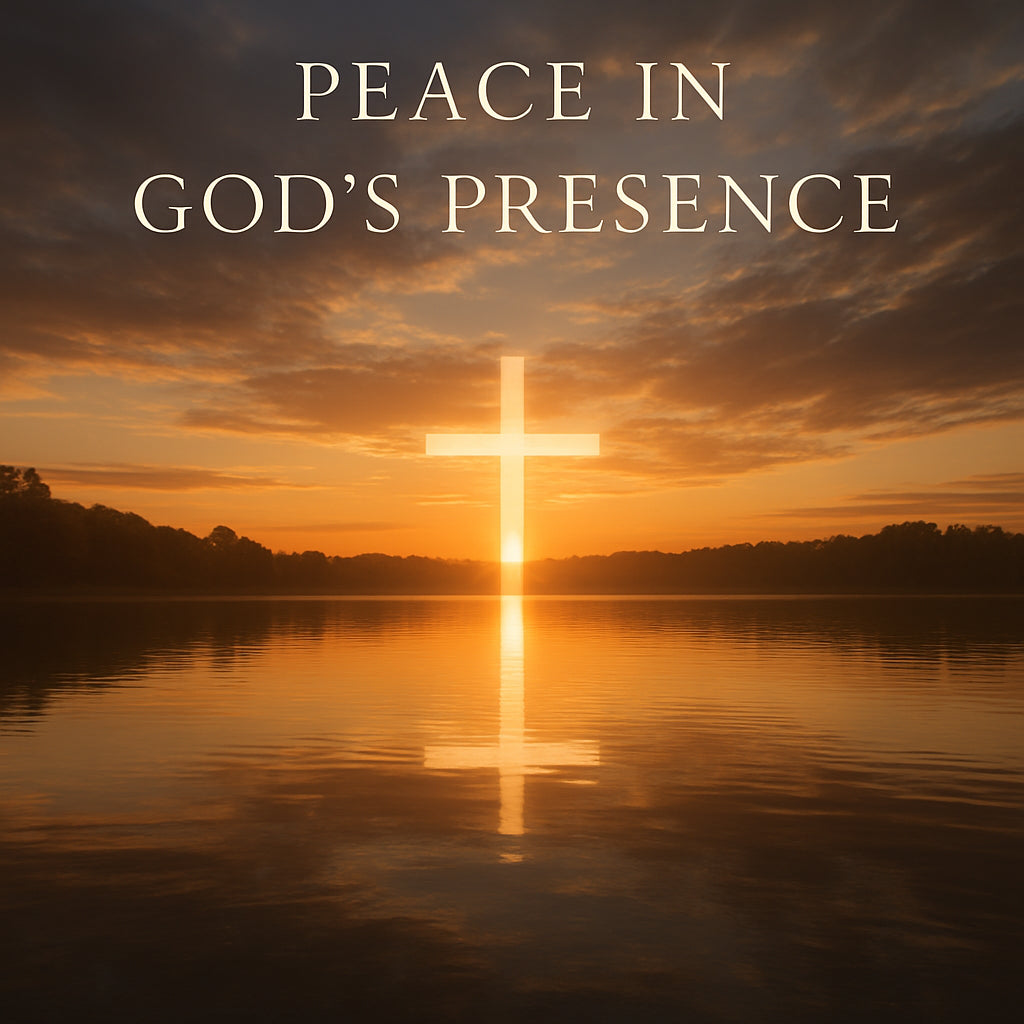 A serene sunrise over a calm lake with a subtle cross reflected in the water, representing “peace in God’s presence”. Alt: biblical affirmation peace in God’s presence serenity.