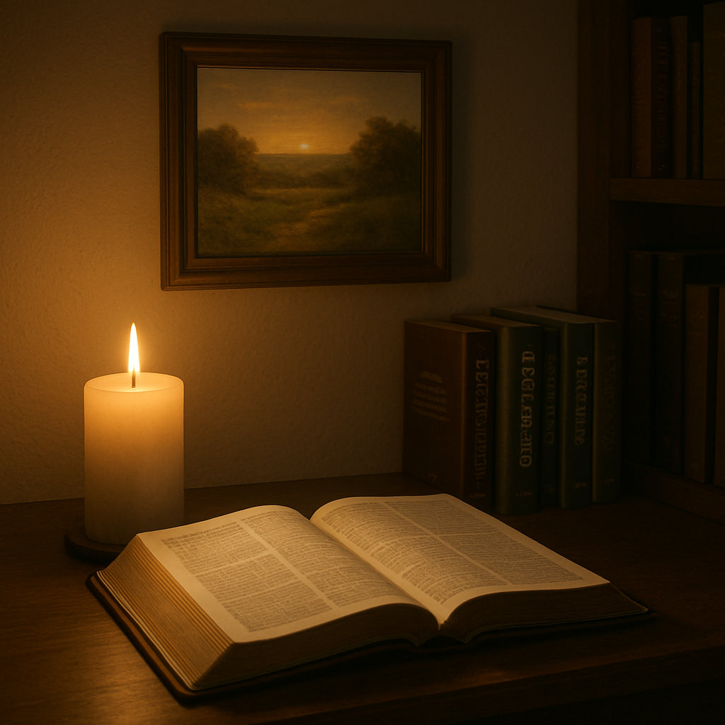 A serene study space with an open Bible, a candle, and a small framed inspirational landscape painting on the wall. Alt: "Quiet study area for seeking divine guidance with biblical texts and gratitude art"