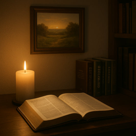 A serene study space with an open Bible, a candle, and a small framed inspirational landscape painting on the wall. Alt: "Quiet study area for seeking divine guidance with biblical texts and gratitude art"