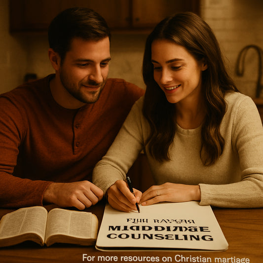A warm scene of a couple sitting at a kitchen table with a printed workbook and Bible open, showing a faith‑based marriage counseling workbook. Alt: christian marriage counseling workbook pdf
