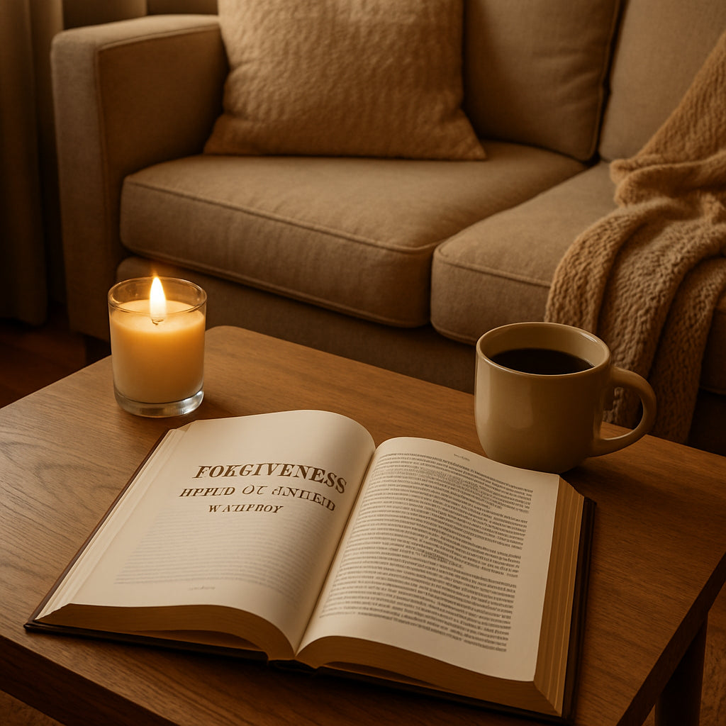 A warm, inviting living room scene with a coffee table, a bible study guide open, a candle, and a cup of coffee. Alt: Cozy home bible study setting for a bible study guide