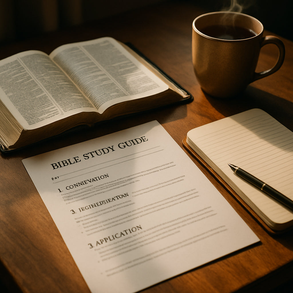 A warm, sunlit desk with an open bible, a printed bible study guide pdf, a steaming cup of tea, and a journal with a pen ready for notes. Alt: Cozy bible study setup with printable guide and journal.
