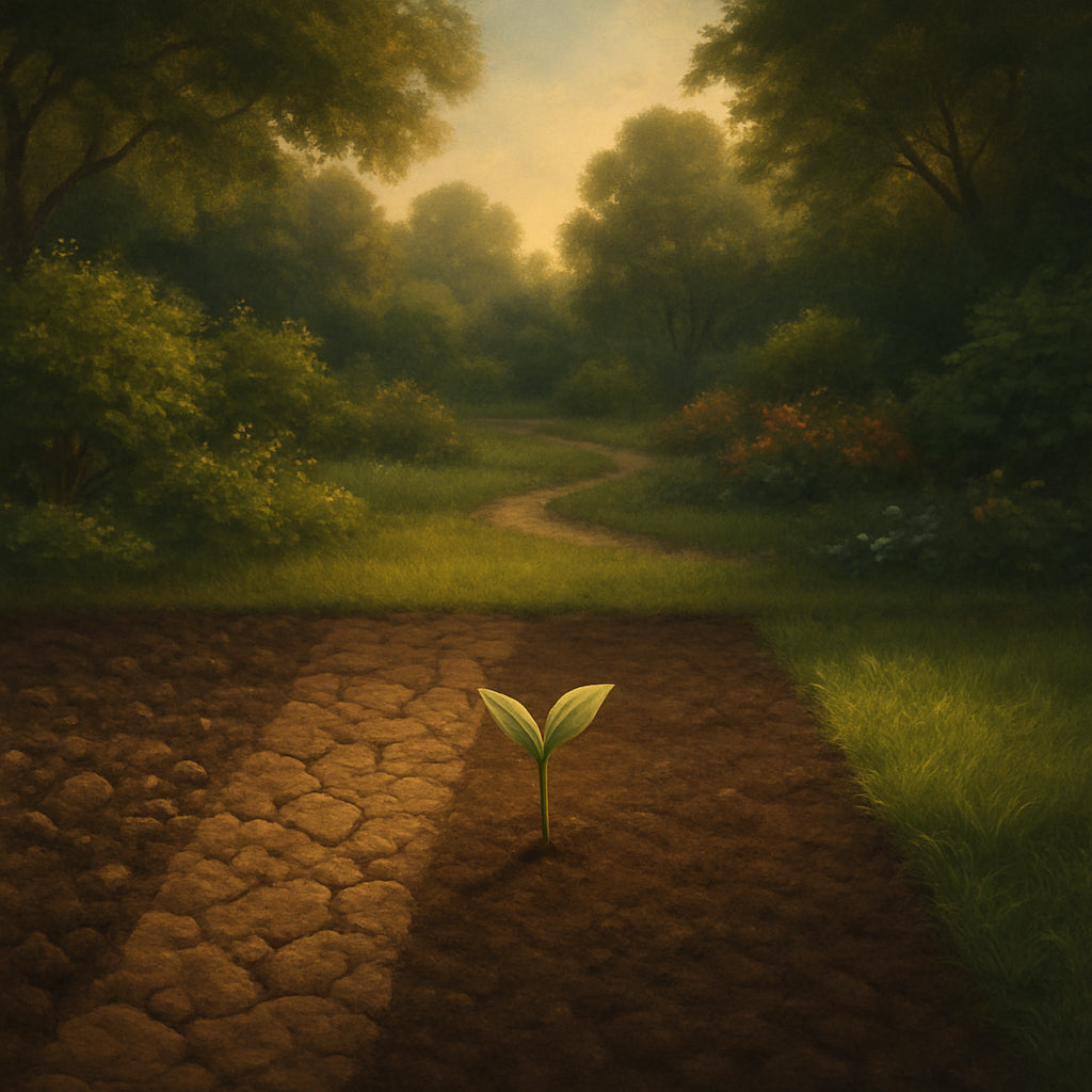 A tranquil garden scene with various soil types, lush greenery and a single seed sprouting in the center. Alt: “Illustration of the parable of the sower soil types”