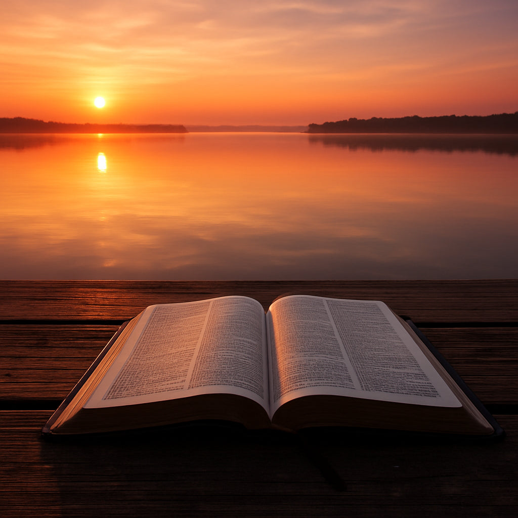 A serene sunrise over a calm lake with a Bible open on a wooden dock, symbolizing the quiet moment of turning to scripture for peace. Alt: “scriptures for anxiety and depression sunrise lake reflection”
