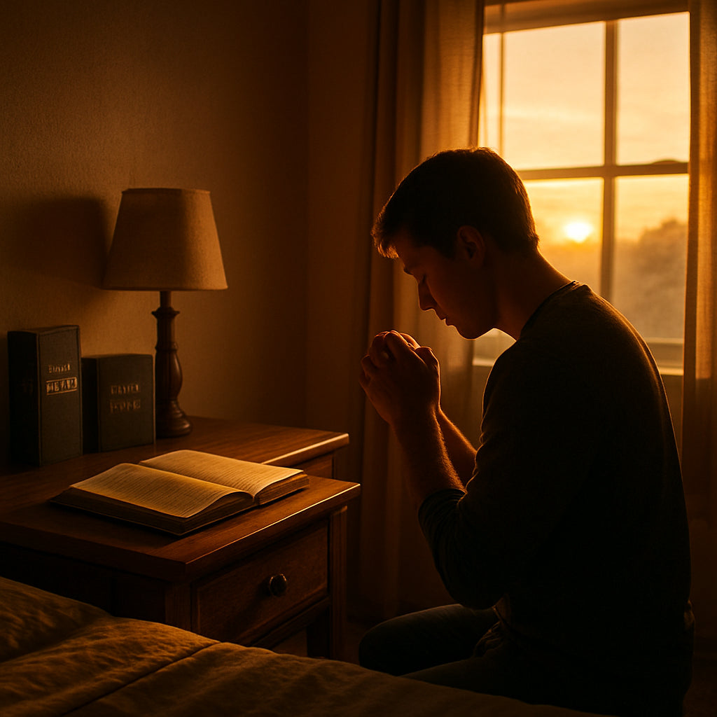 A cinematic, photorealistic scene of a sunrise spilling golden light into a quiet bedroom where a person kneels in prayer, soft morning rays highlighting an open journal on the nightstand. Alt: Consistent prayer habit sunrise meditation.