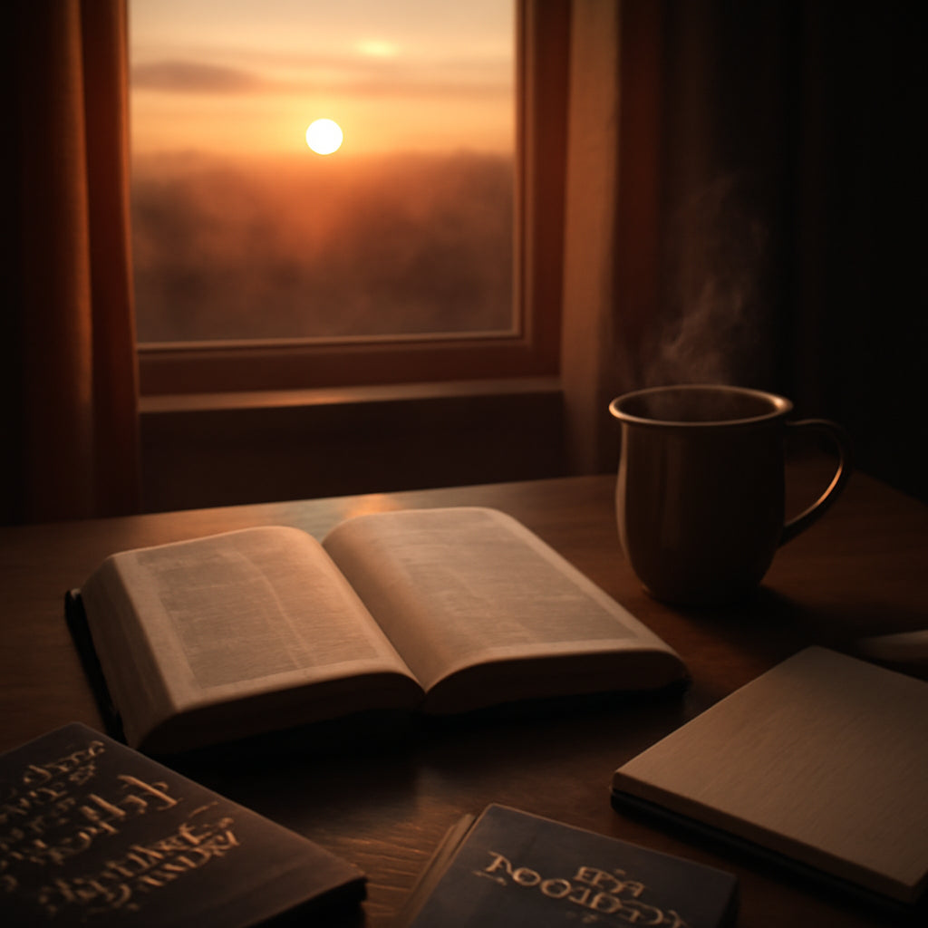 A serene sunrise over a quiet room with a Bible, journal, and a steaming cup of coffee on a table. Alt: Seeking divine guidance through prayer and scripture