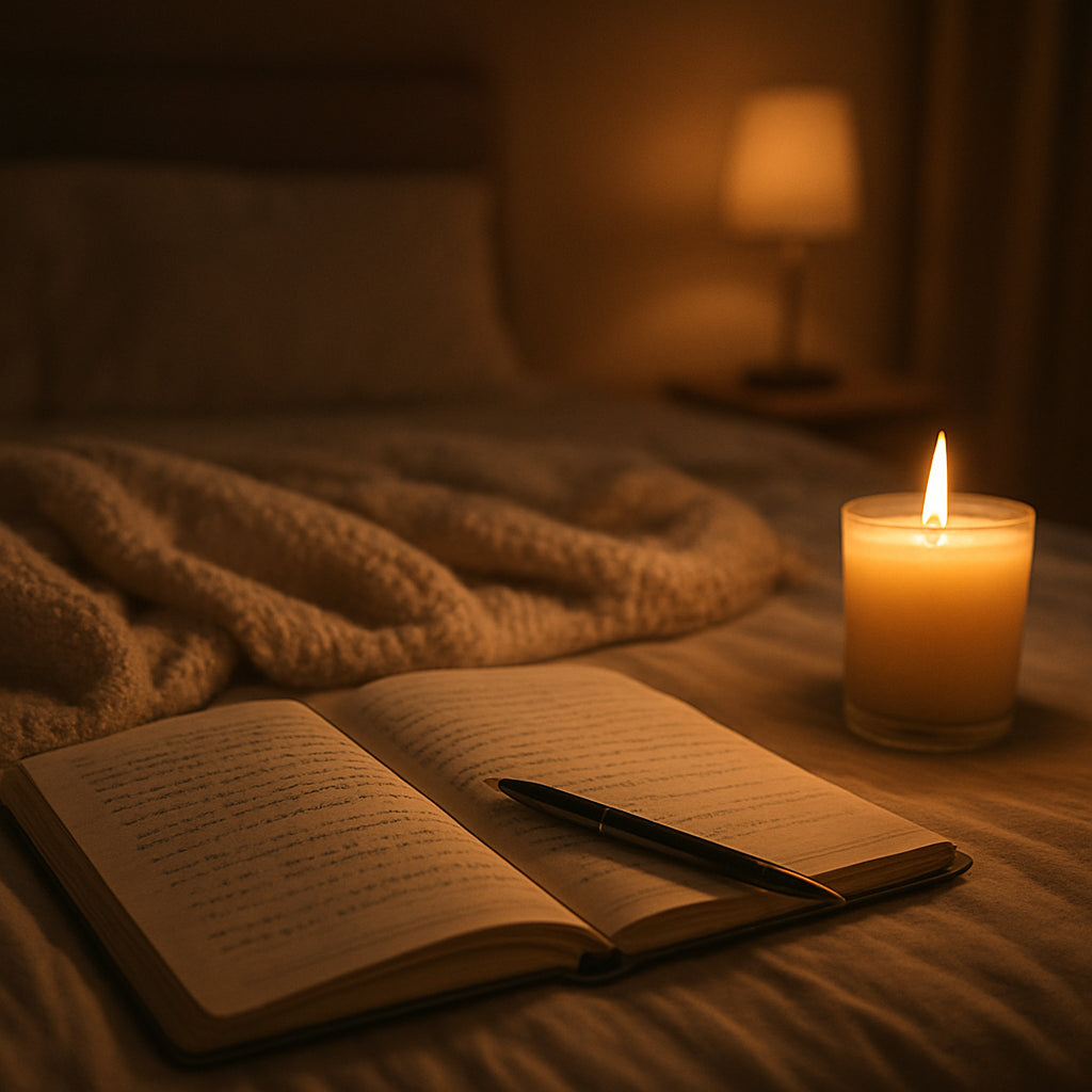 A serene bedroom scene with an open journal, a lit candle, and a soft blanket. Alt: "Christian journaling for confession and forgiveness, a peaceful moment of spiritual reflection."