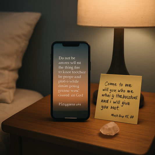 A peaceful bedroom scene with a phone displaying a Bible verse as wallpaper, a sticky note with a scripture on a nightstand, and a small quartz crystal nearby. Alt: Choose comforting scriptures for anxiety and display them for daily calm.