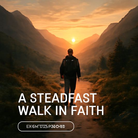 A serene mountain trail at sunrise, symbolizing a steadfast walk in faith. Alt: Person walking on a mountain path in the morning light