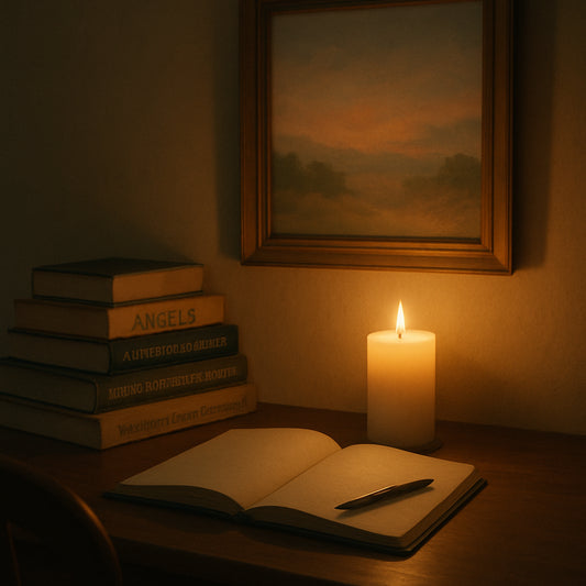 A serene study nook with an open journal, a lit candle, and a soft pastel painting on the wall. Alt: "Quiet confession space for acknowledging sin".