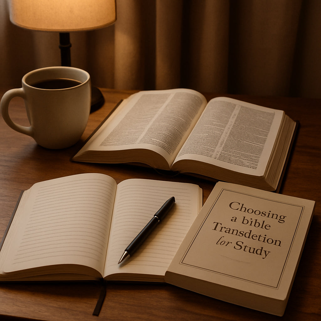 A warm coffee‑filled study nook with an open Bible, a translation guide, and a notebook. Alt: Choosing a Bible translation for study