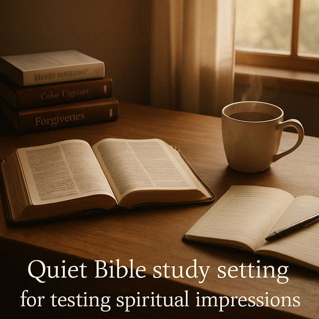 A serene study space with an open Bible, a journal, a cup of tea, and soft natural light. Alt: "Quiet Bible study setting for testing spiritual impressions"