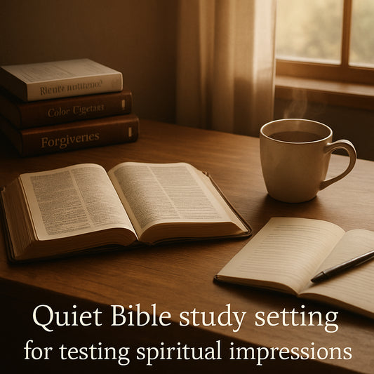 A serene study space with an open Bible, a journal, a cup of tea, and soft natural light. Alt: "Quiet Bible study setting for testing spiritual impressions"