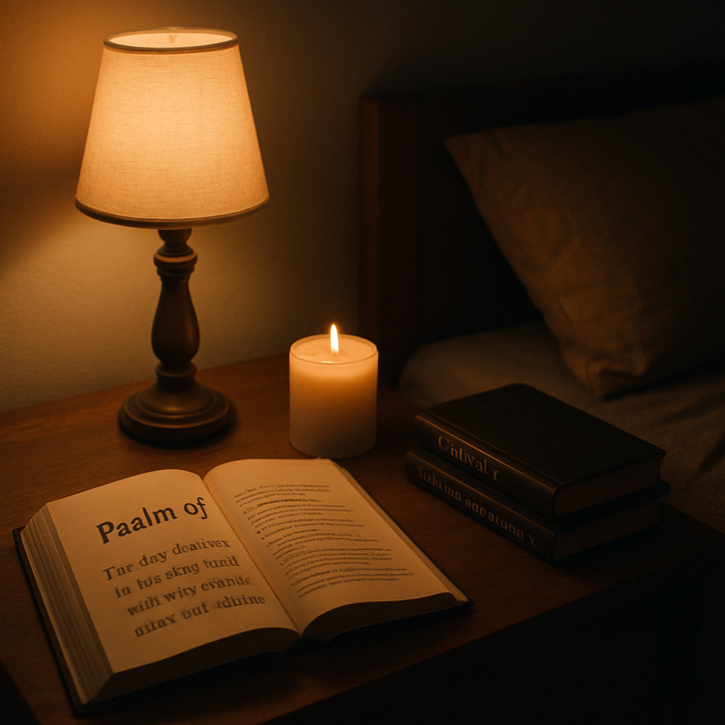A cozy bedroom corner with a dim lamp, a candle, and a handwritten note on a nightstand, illustrating a peaceful prayer space. Alt: "psalm 91 prayer for protection at night cozy bedroom setup"