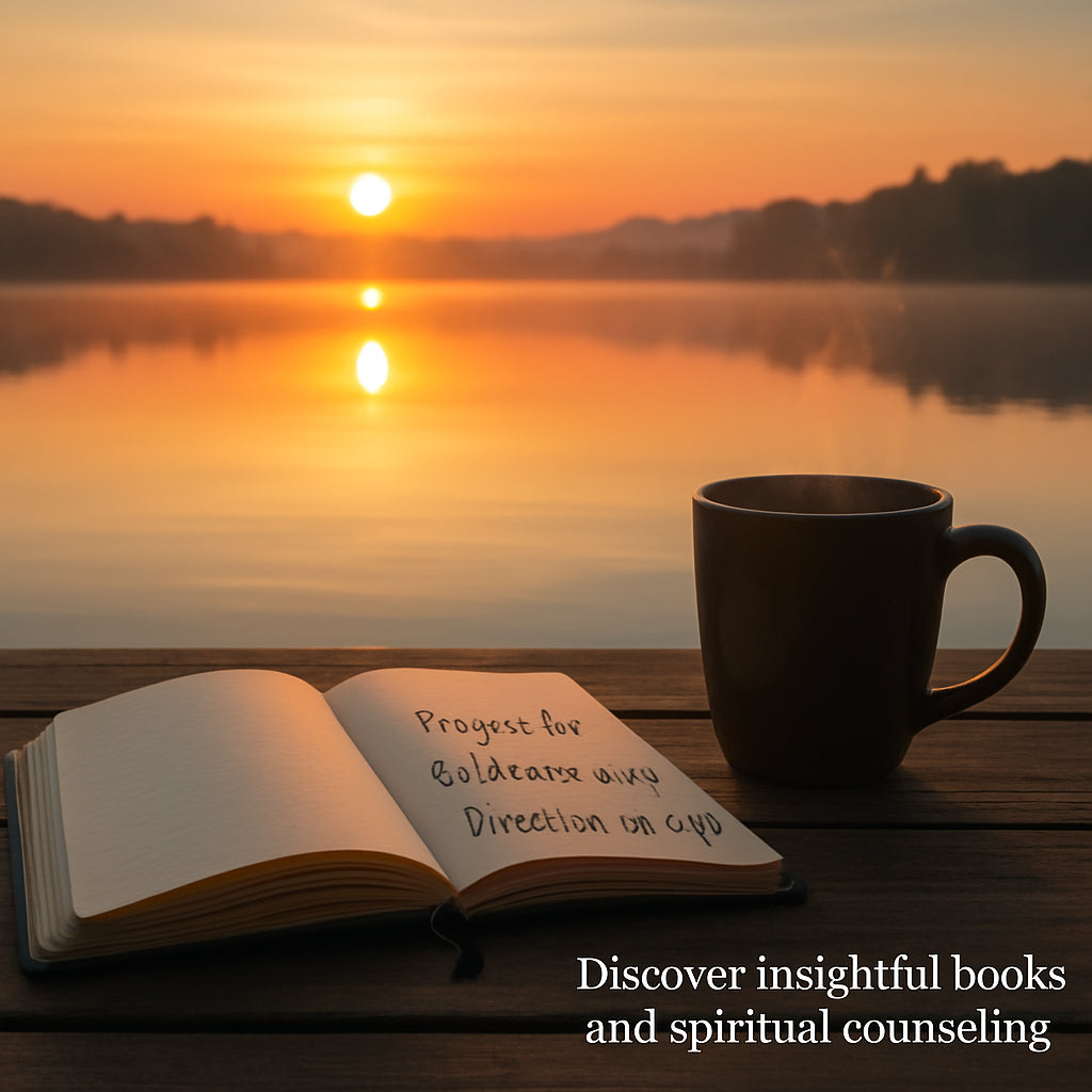 A calm sunrise over a quiet lake with a journal and a steaming cup of coffee beside it. Alt: prayers for guidance and direction in life journal sunrise meditation