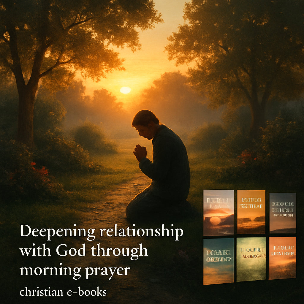 A tranquil sunrise over a quiet garden, a person kneeling in prayer with soft light filtering through trees. Alt: Deepening relationship with God through morning prayer, spiritual growth imagery.