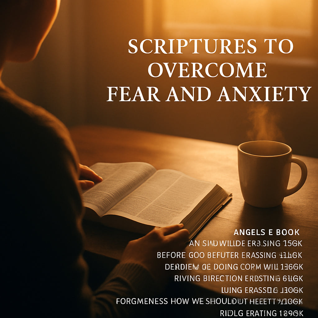 A cinematic scene of a person sitting at a wooden desk at sunrise, Bible open to a highlighted verse, soft golden light streaming in, a cup of tea steaming nearby, reflecting calm and focus. Alt: "scriptures to overcome fear and anxiety".