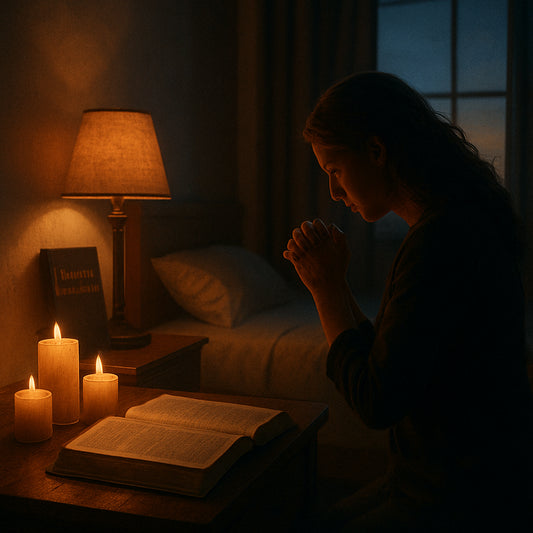 A serene bedroom at dusk with soft candlelight, a Bible open on a nightstand, and a person kneeling in prayer. Alt: Spiritual warfare prayers for protection nighttime prayer setting.
