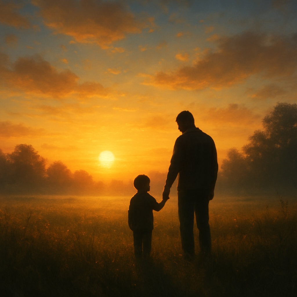A serene sunrise over a quiet meadow, with a subtle silhouette of a father holding a child's hand, symbolizing divine guidance. Alt: "Our Father in Heaven sunrise illustration"
