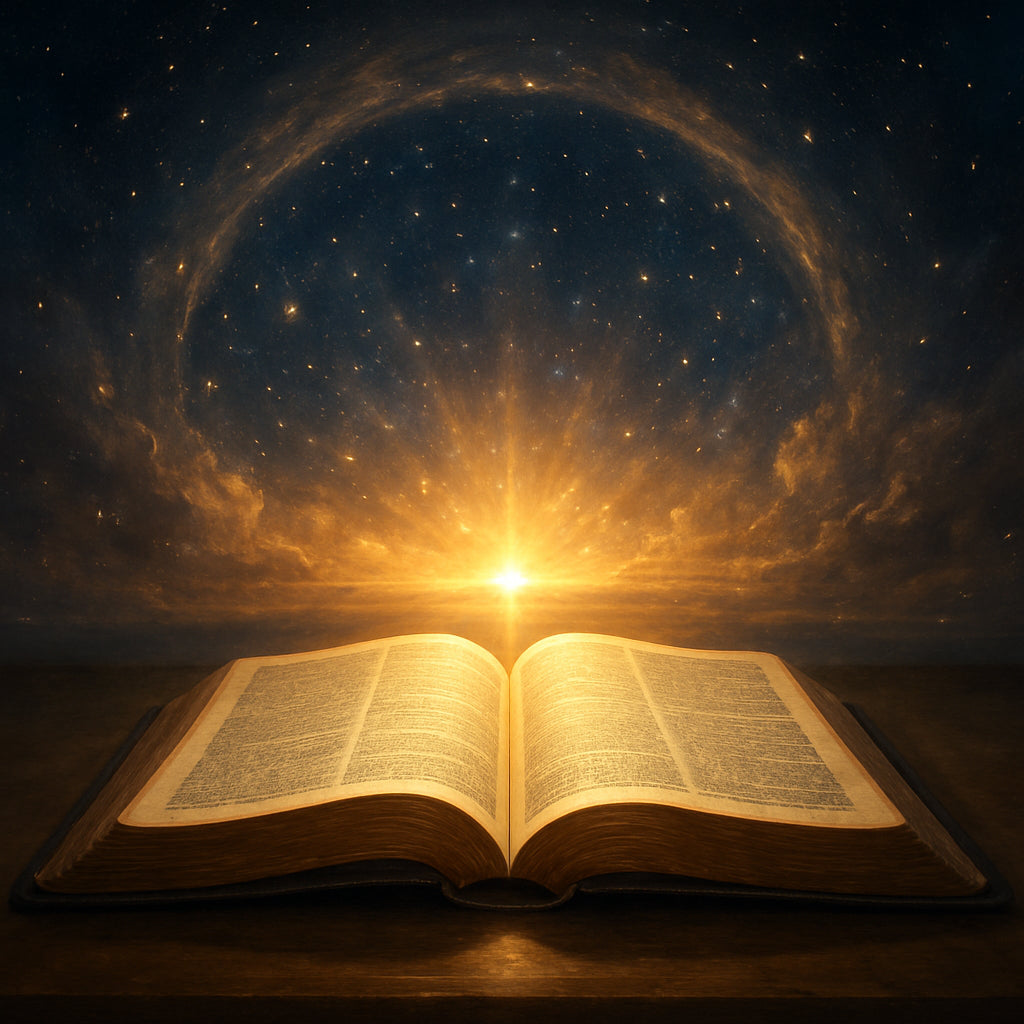 A serene sunrise over a celestial vault, with soft golden light spilling onto an open Bible, symbolizing heavenly treasures revealed through scripture. Alt: “Biblical treasures in heaven meaning visual metaphor”