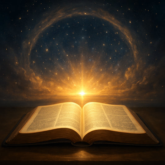 A serene sunrise over a celestial vault, with soft golden light spilling onto an open Bible, symbolizing heavenly treasures revealed through scripture. Alt: “Biblical treasures in heaven meaning visual metaphor”
