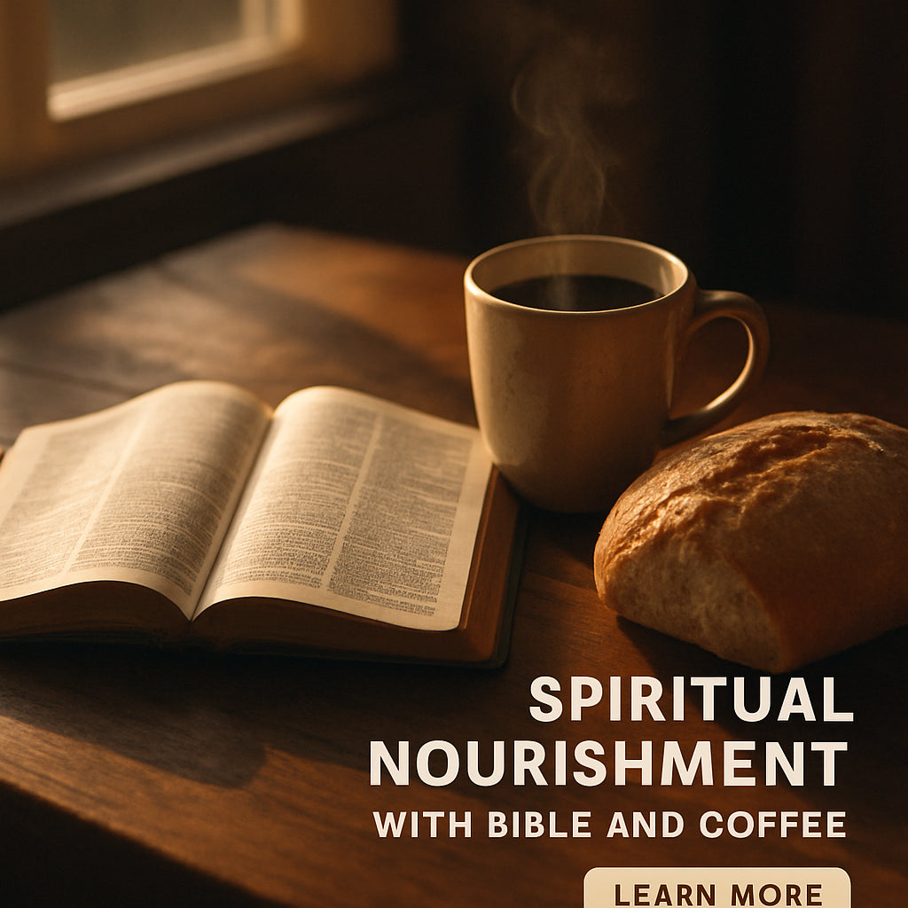 A warm, sunlit table set with an open Bible, a steaming cup of coffee, and a simple loaf of bread. Alt: Spiritual nourishment with Bible and coffee.