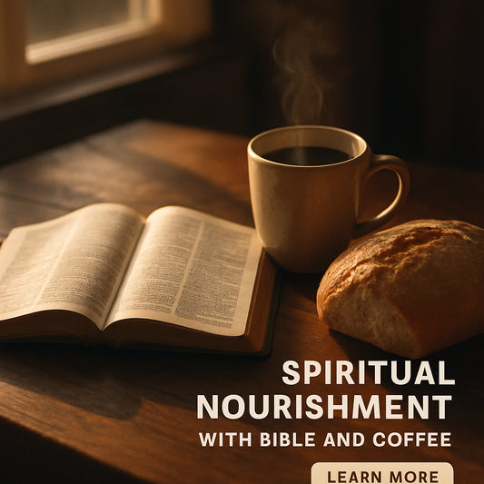 A warm, sunlit table set with an open Bible, a steaming cup of coffee, and a simple loaf of bread. Alt: Spiritual nourishment with Bible and coffee.