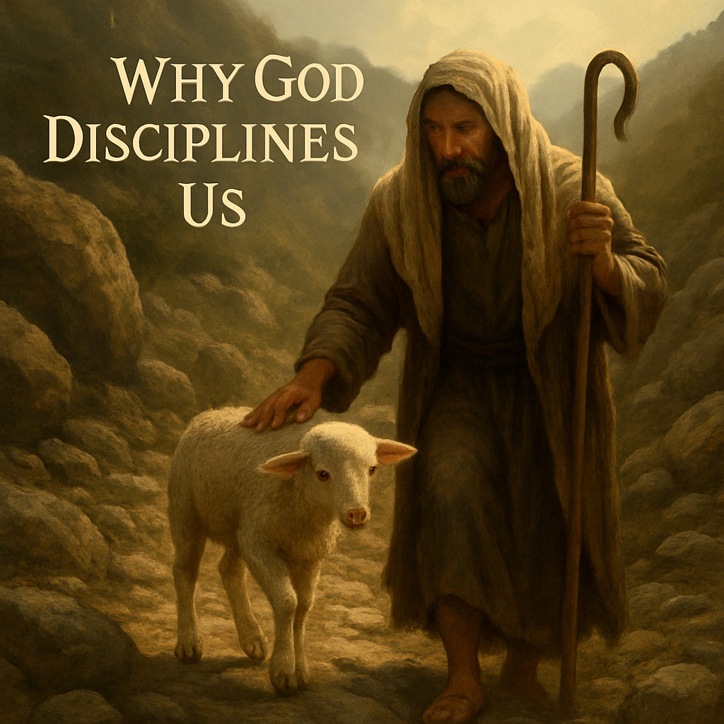 A serene illustration of a shepherd gently guiding a lamb through a rocky path, symbolizing divine discipline. Alt: Biblical divine discipline shepherd guiding lamb.